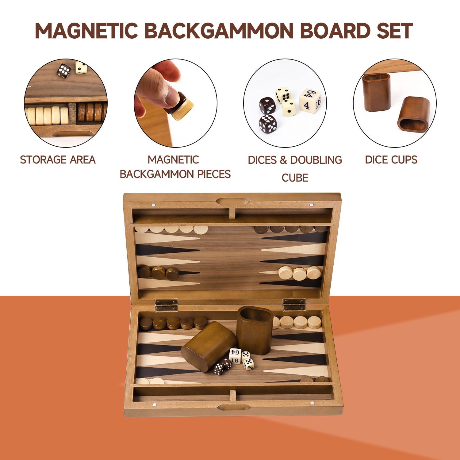 Classic 11″ Travel Wood Backgammon Board Game Set Inlay Star Board w/Game Pieces