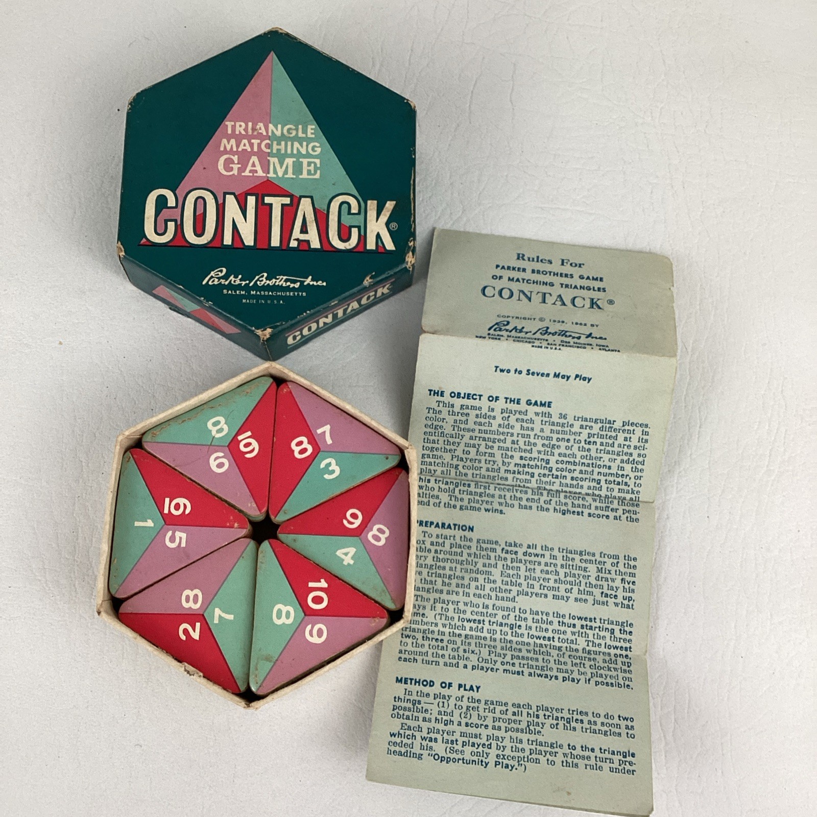 Contack Triangle Matching Game Vintage 1962 Parker Brothers Colored Number Tiles
