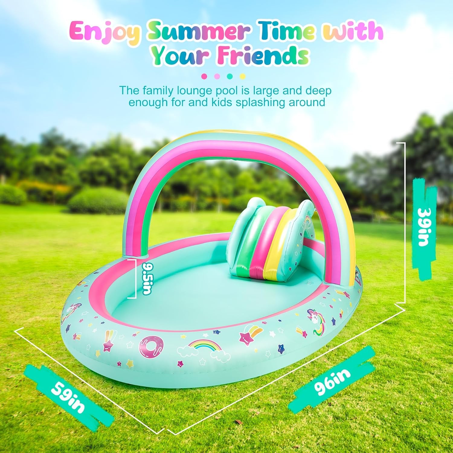 Rainbow Unicorn Inflatable Play Center Kiddie Pool W/ Slide & Sprinkler Children