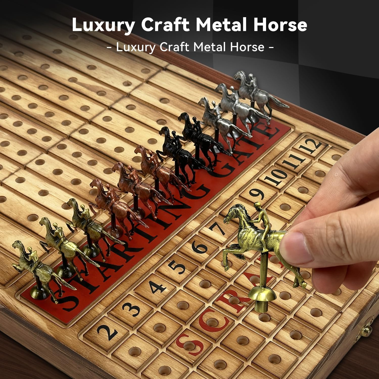 Large 23 Inches Horse Racing Board Game with 11 Luxury Metal Horses, Foldable Wo