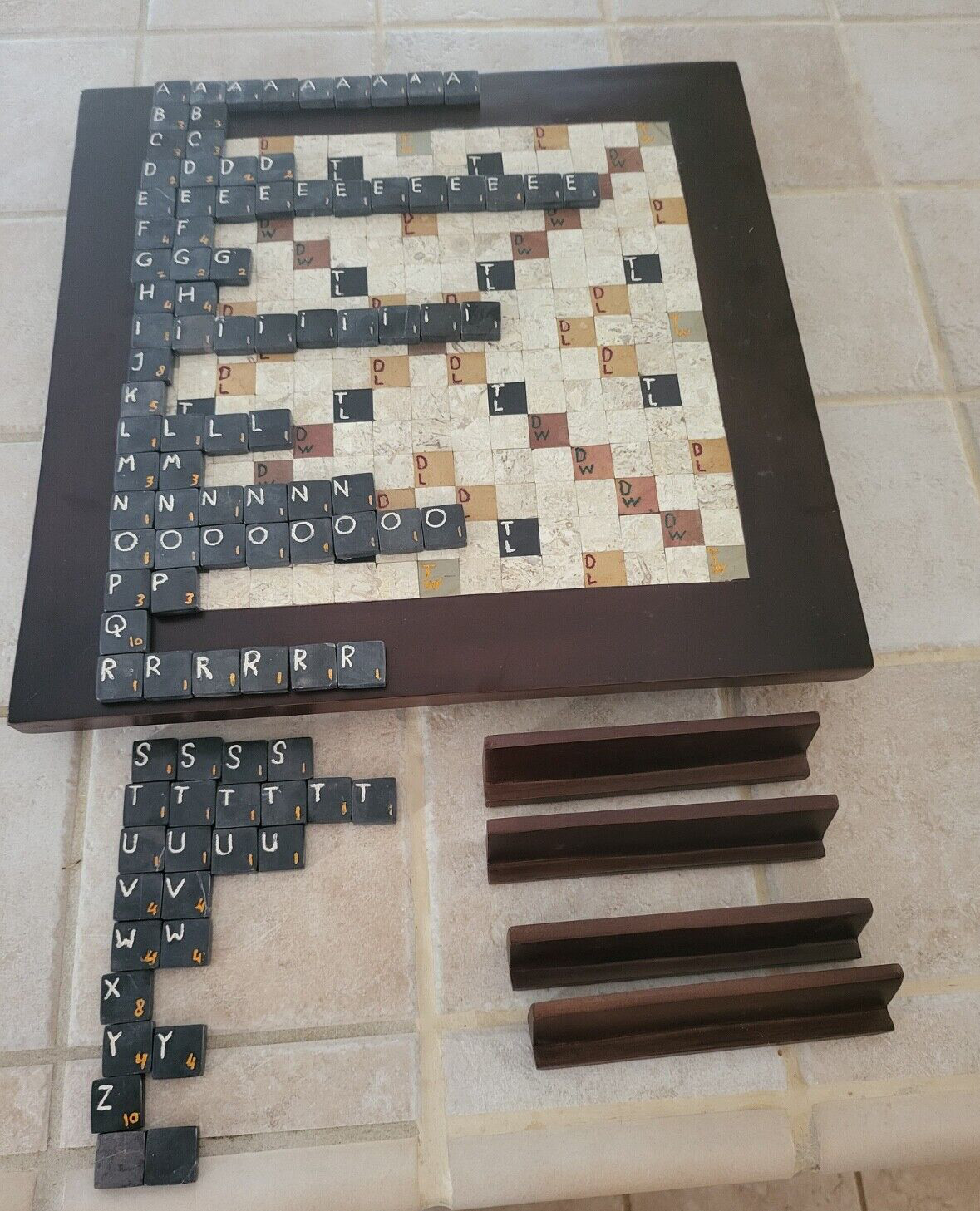 Unique Handmade 16in Solid Teak Wood with Inlay Marble Scrabble Board