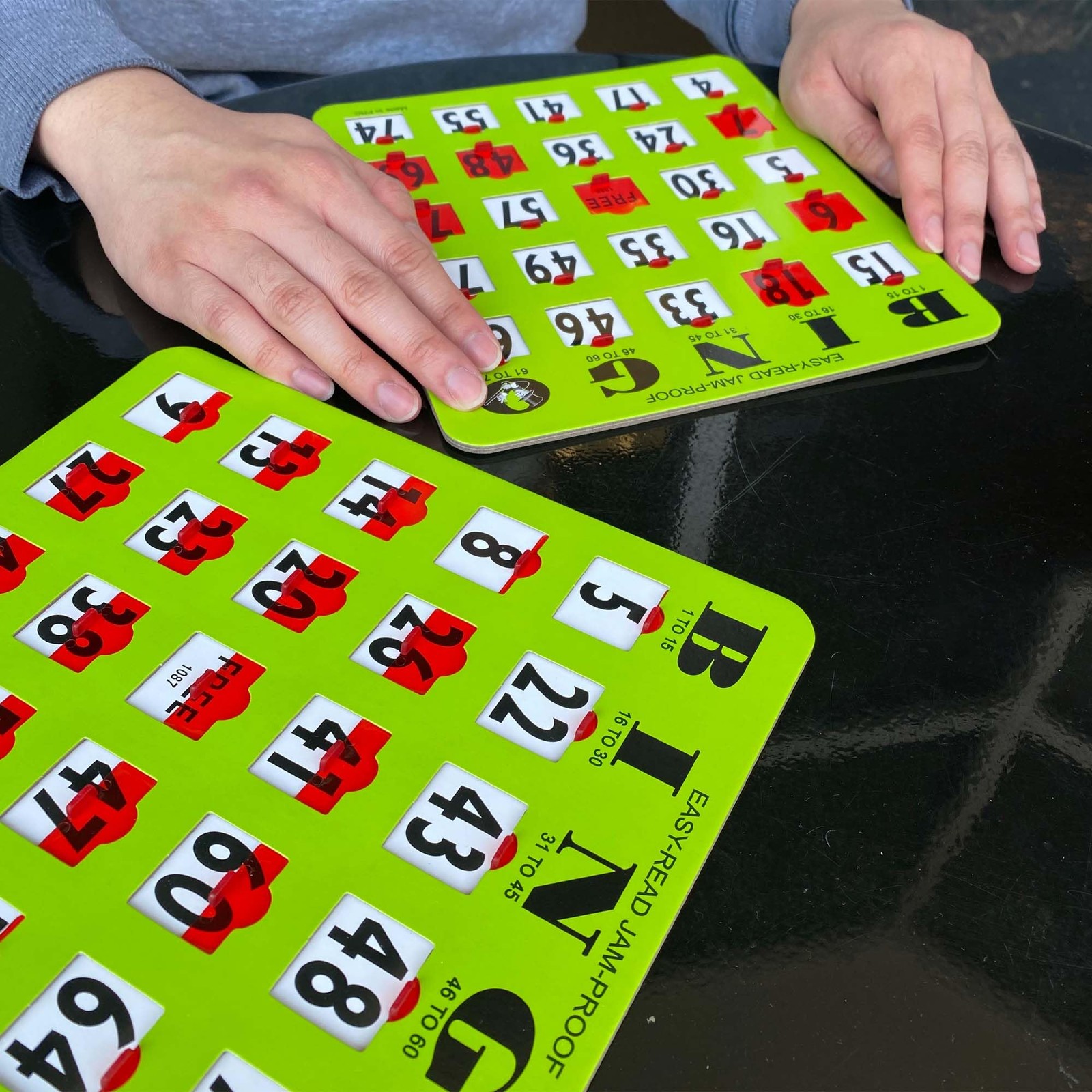 Jam-Proof Large Print Bingo Cards with Sliding Windows, 10 Pack, Green