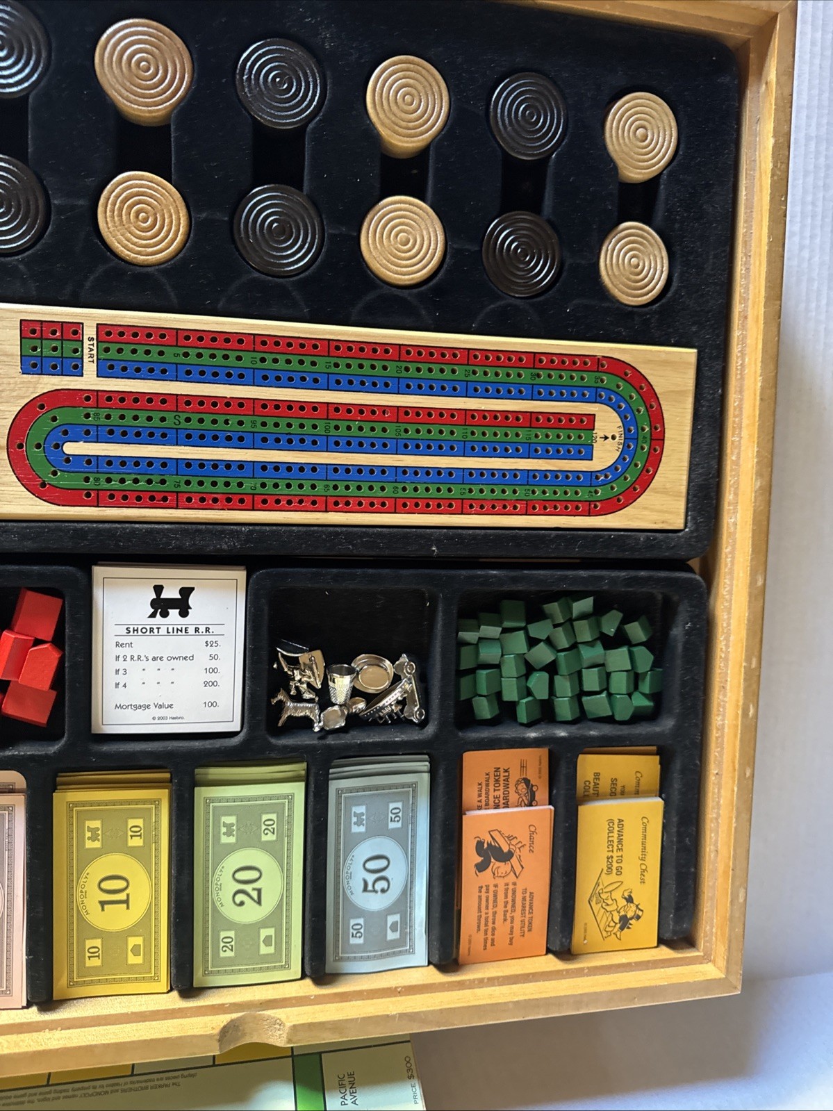 Deluxe Solid Wood Cabinet Monopoly + Clue + 6 Classic Games Chess Checkers Cards