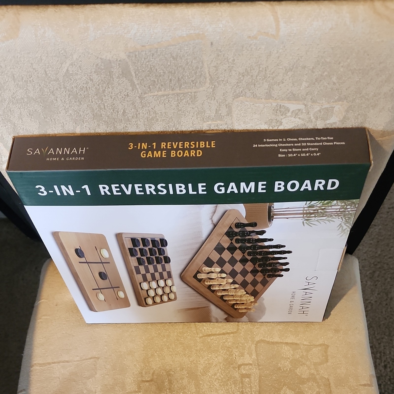 Savannah Home & Garden Reversible Game Board Chess Checkers Tic-Tac-Toe 3-in-1