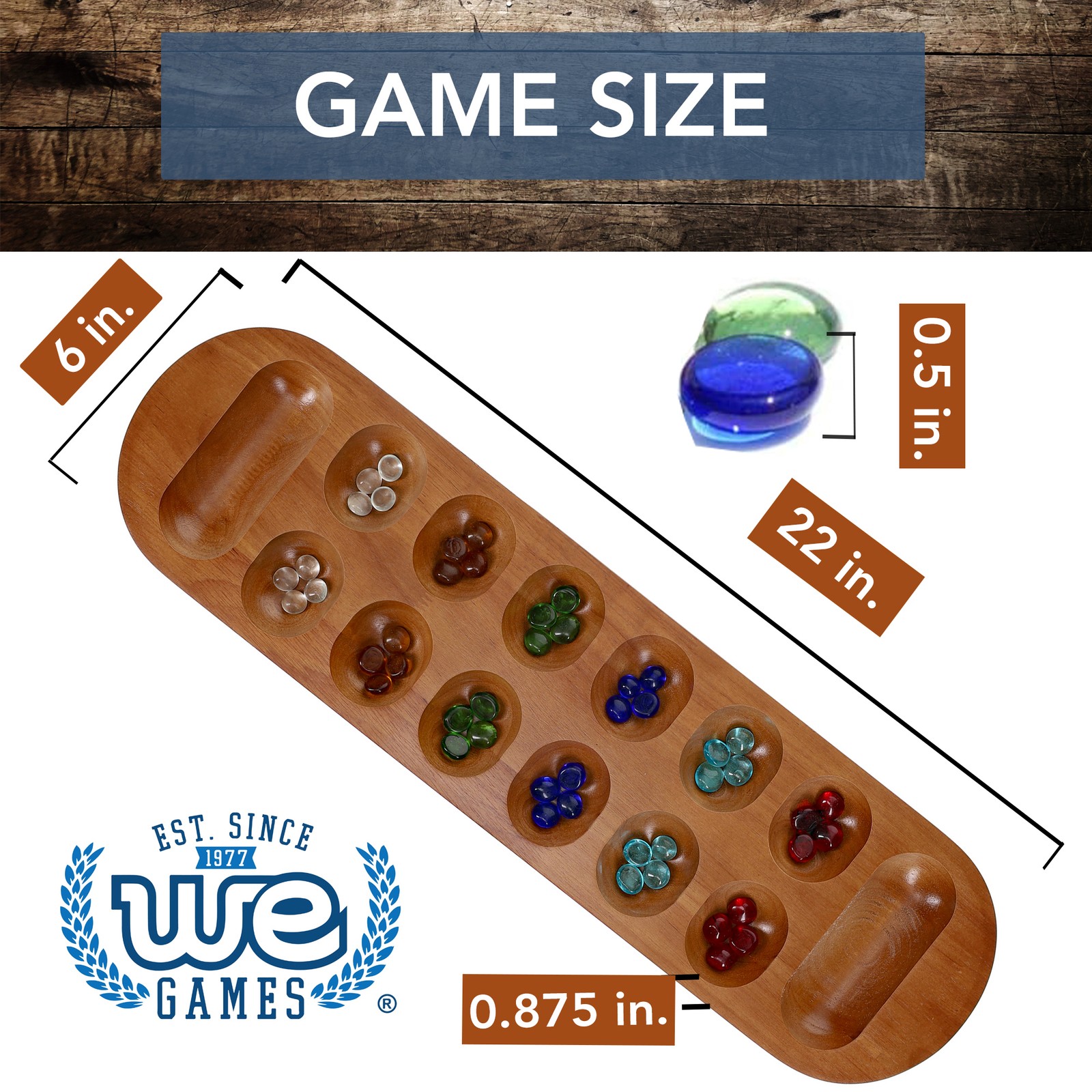 WE Games Solid Wood Mancala Board Game with Walnut Stain – 22 in.