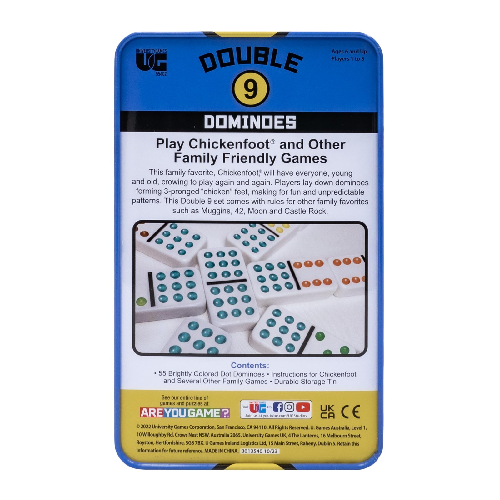 , Double 9 Colored Dot Dominoes Travel Tin Set, 2 to 8 Players Ages 8 to 99