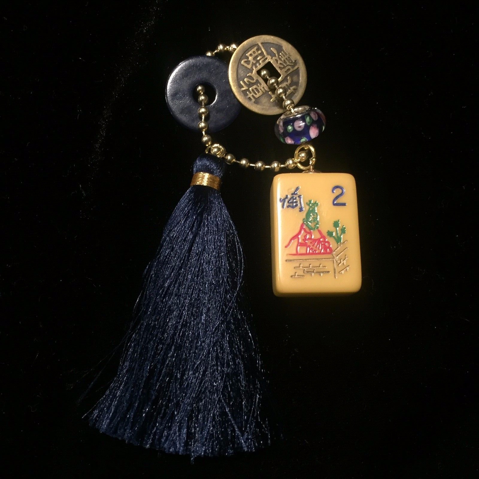 Vtg Key Chain Mahjong Mahjongg Flower Tile Sterling Silver Bead