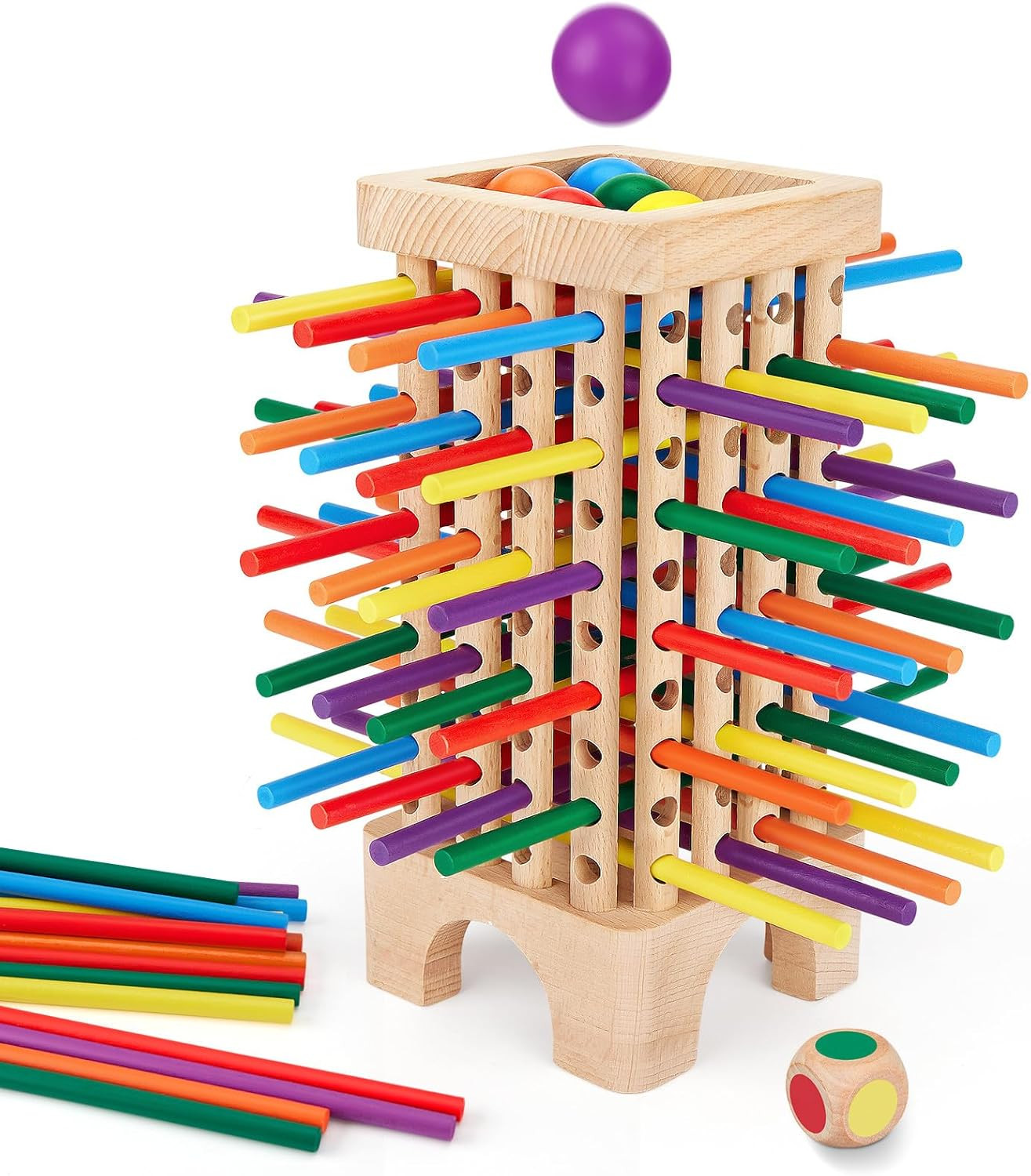 Montessori Game Wooden Board Game, 42 Colorful Wooden Sticks Dice Game Math Educ
