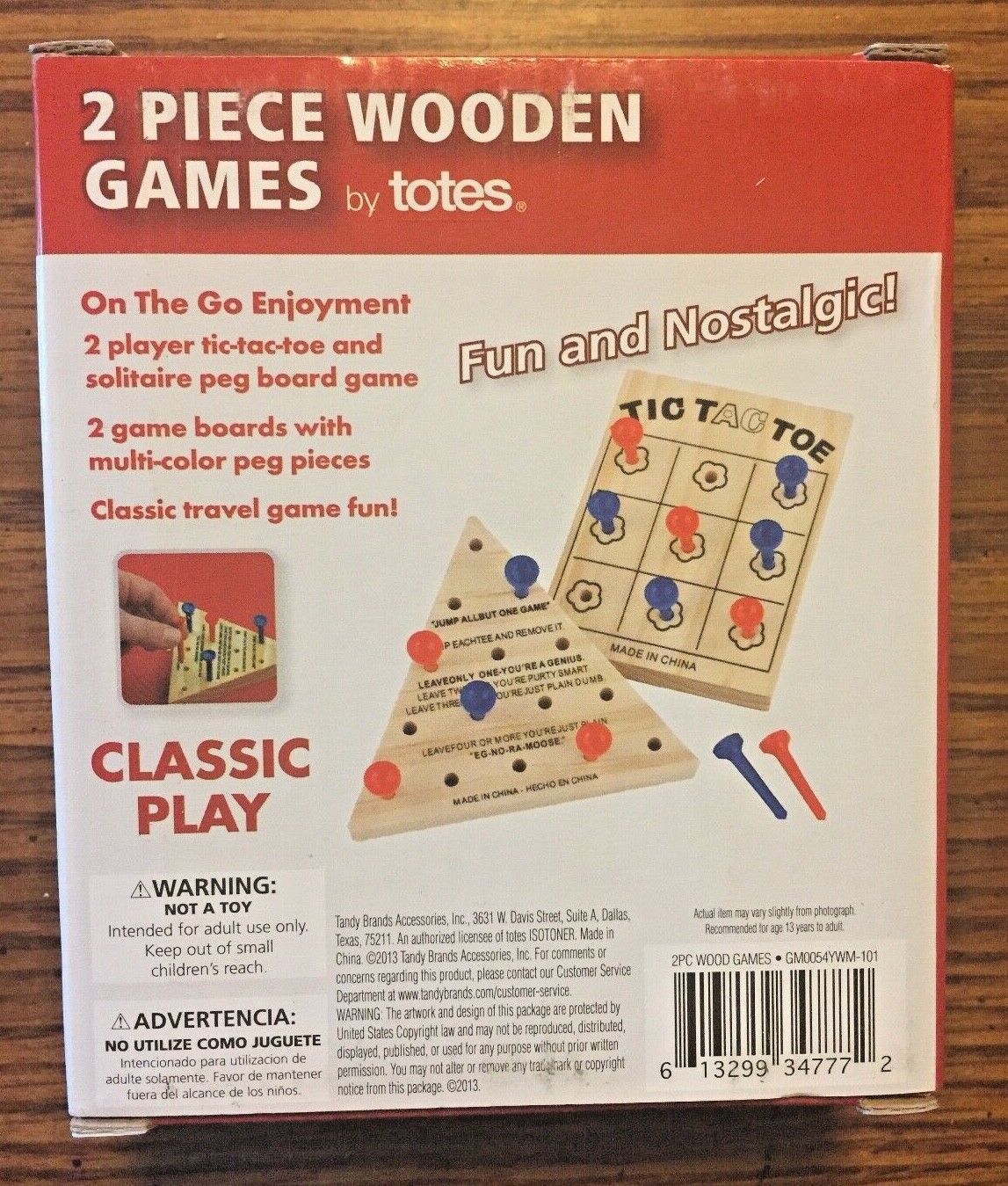 2 Piece Wooden Games By Totes Tic-Tac-Toe & Solitaire Mini Travel Peg Boards New