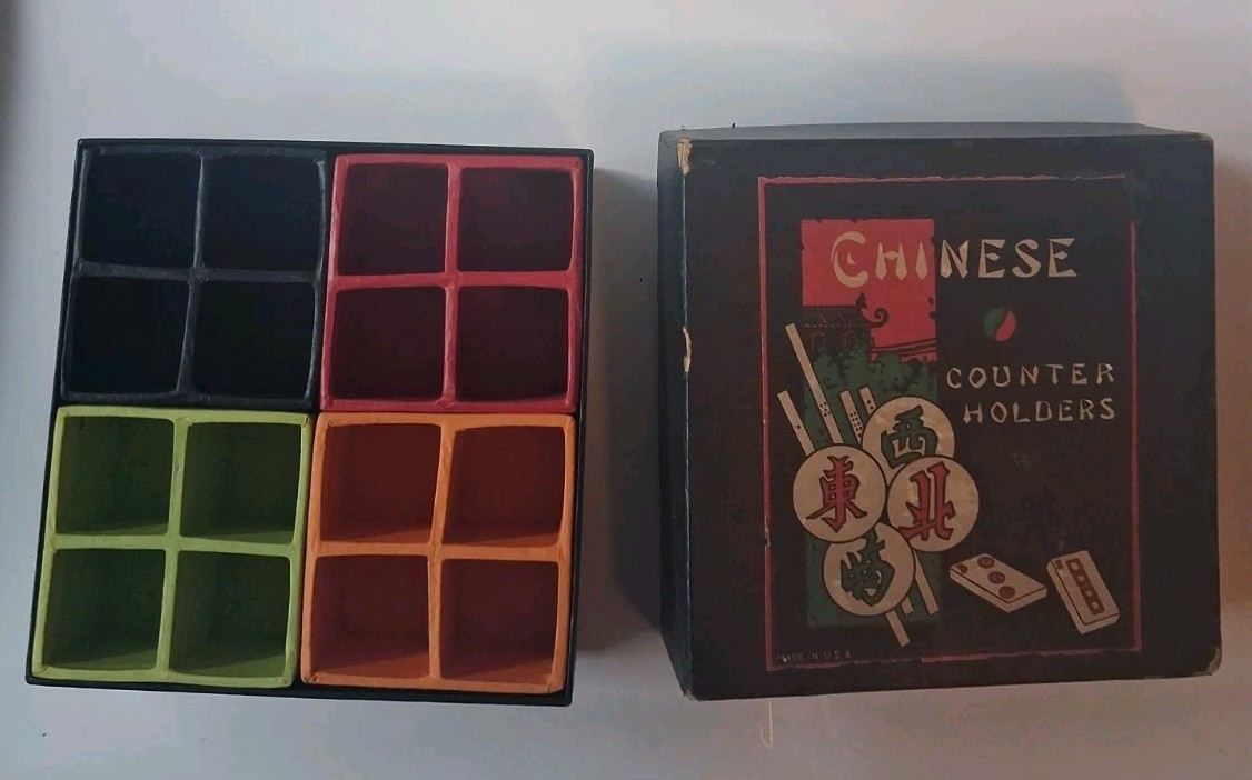 Vintage 1920s Chinese Counter Holders Box Mahjong Game Organizer w/ 4 Color Tray