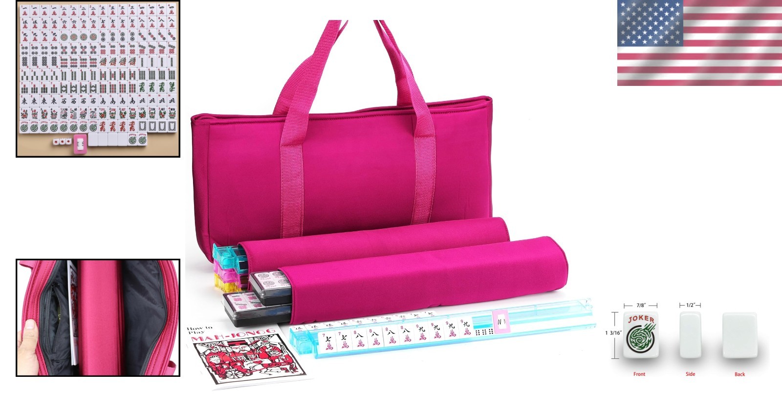 American Mahjong Game Set, Pinky Red Carrying Bag,166 White Tiles,4 Color Ra…