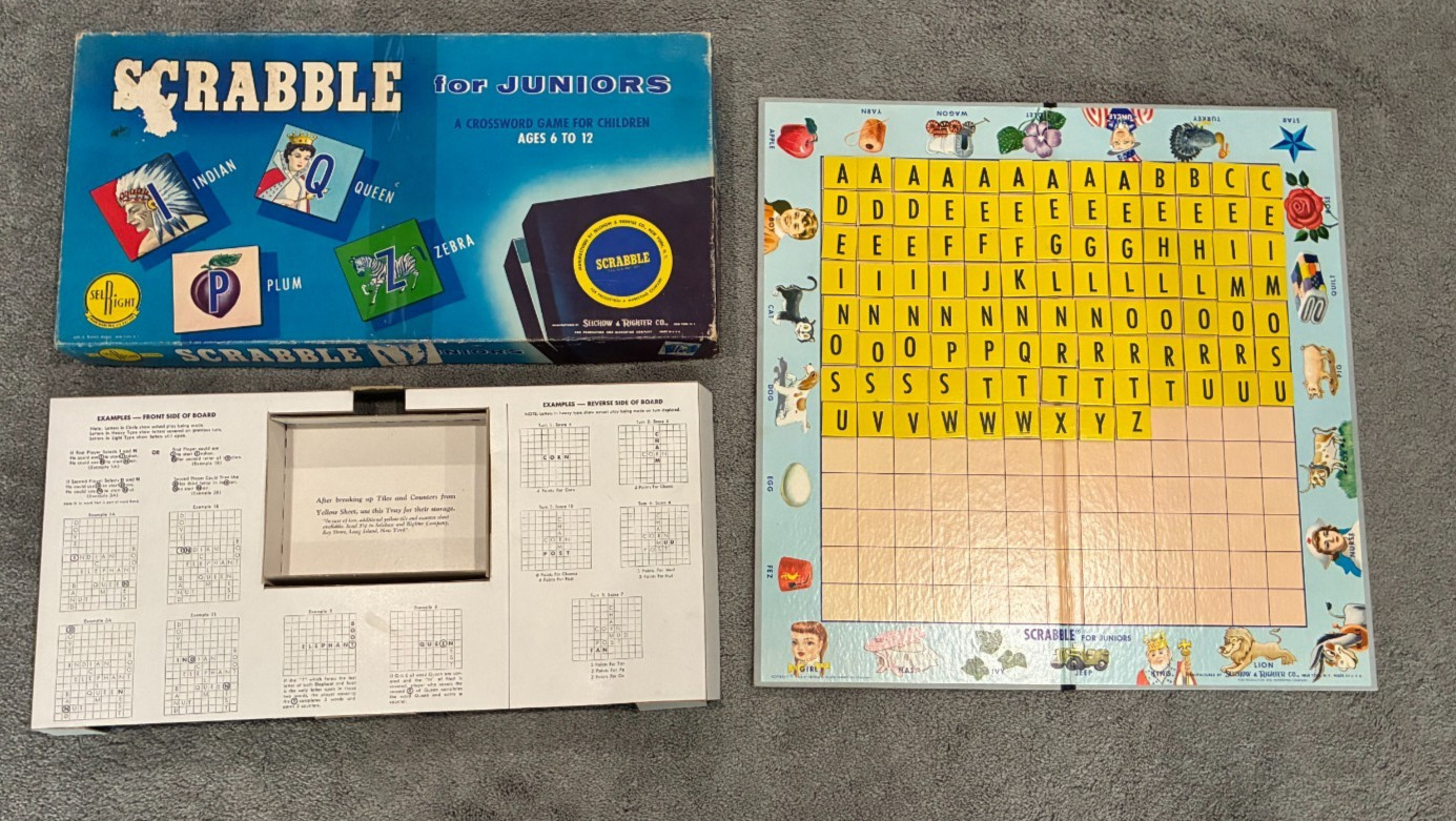 Scrabble for Juniors – 1958 Board Game by Selchow & Righter – 100% Complete