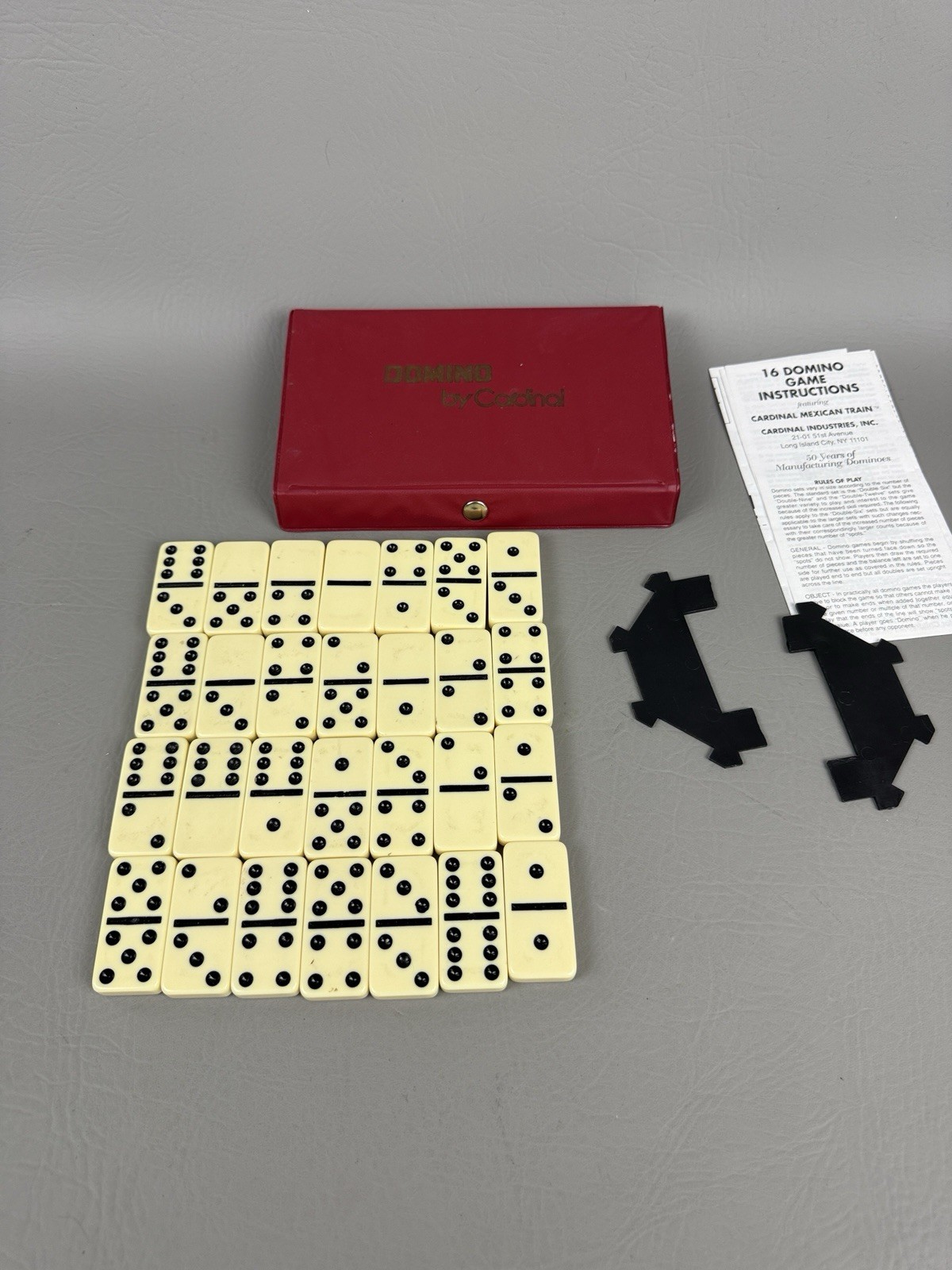 Vintage Cardinal Double Six Dominoes Set Complete 28 Ivory Tiles Red Vinyl Case