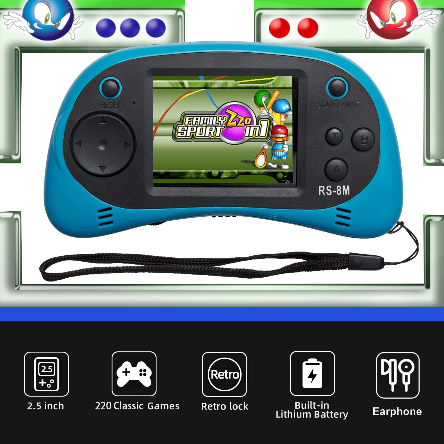 Handheld Game Player 16 Bit 220 HD Video Games 2.5 Inch Blue Headphones Age 3-10
