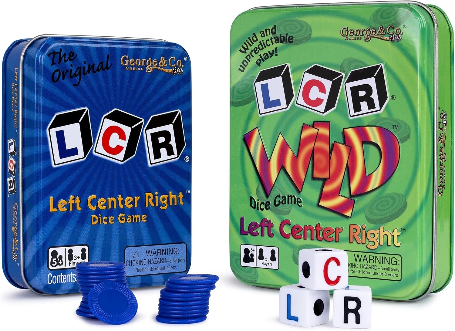 LCR Left Right Center in Blue & Dice Game in Green Tin Gift Set Bundle – 2 Pack