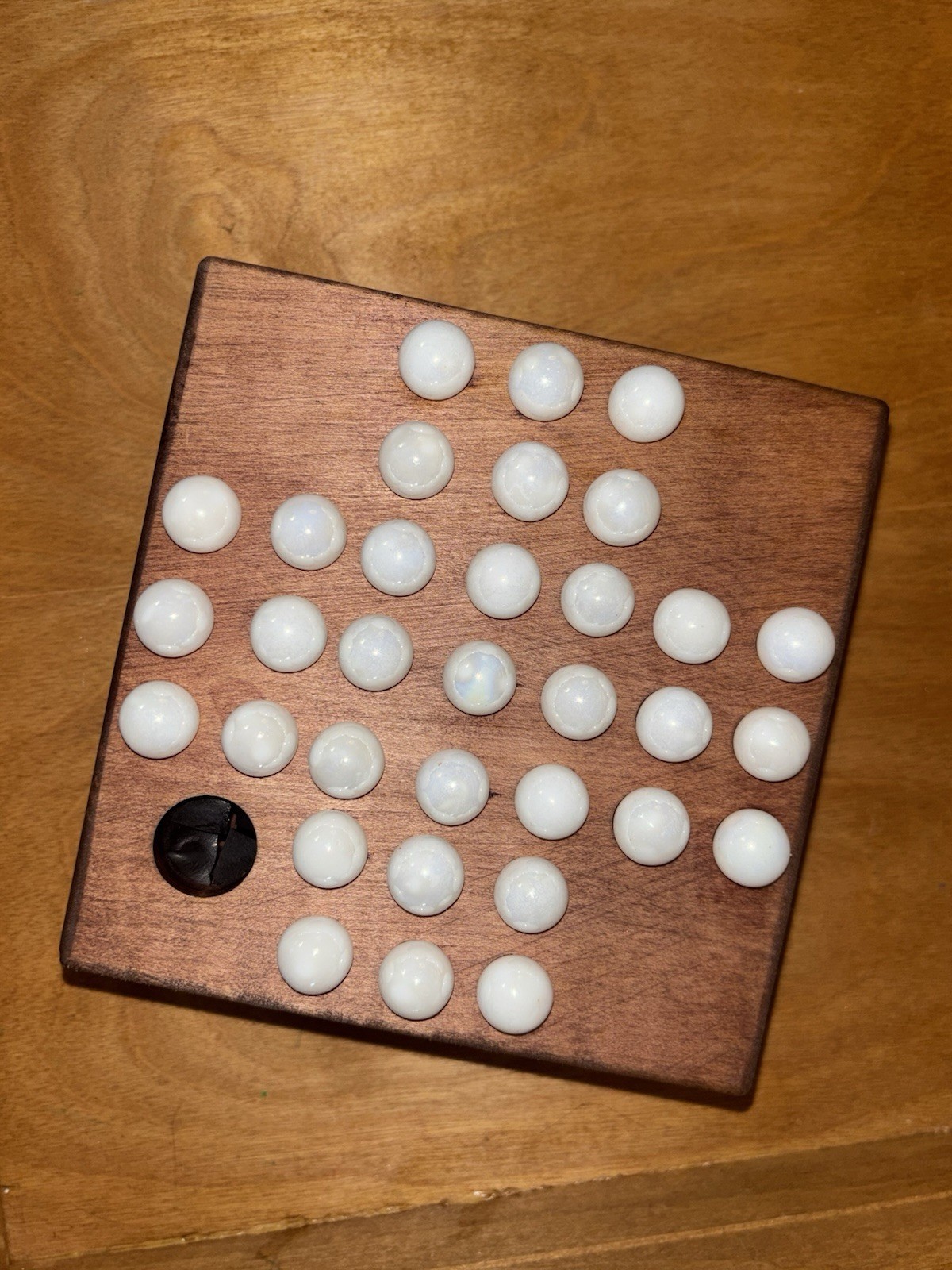 Vintage Handmade Marble Solitaire Game Solid Wood Board White Glass Marbles