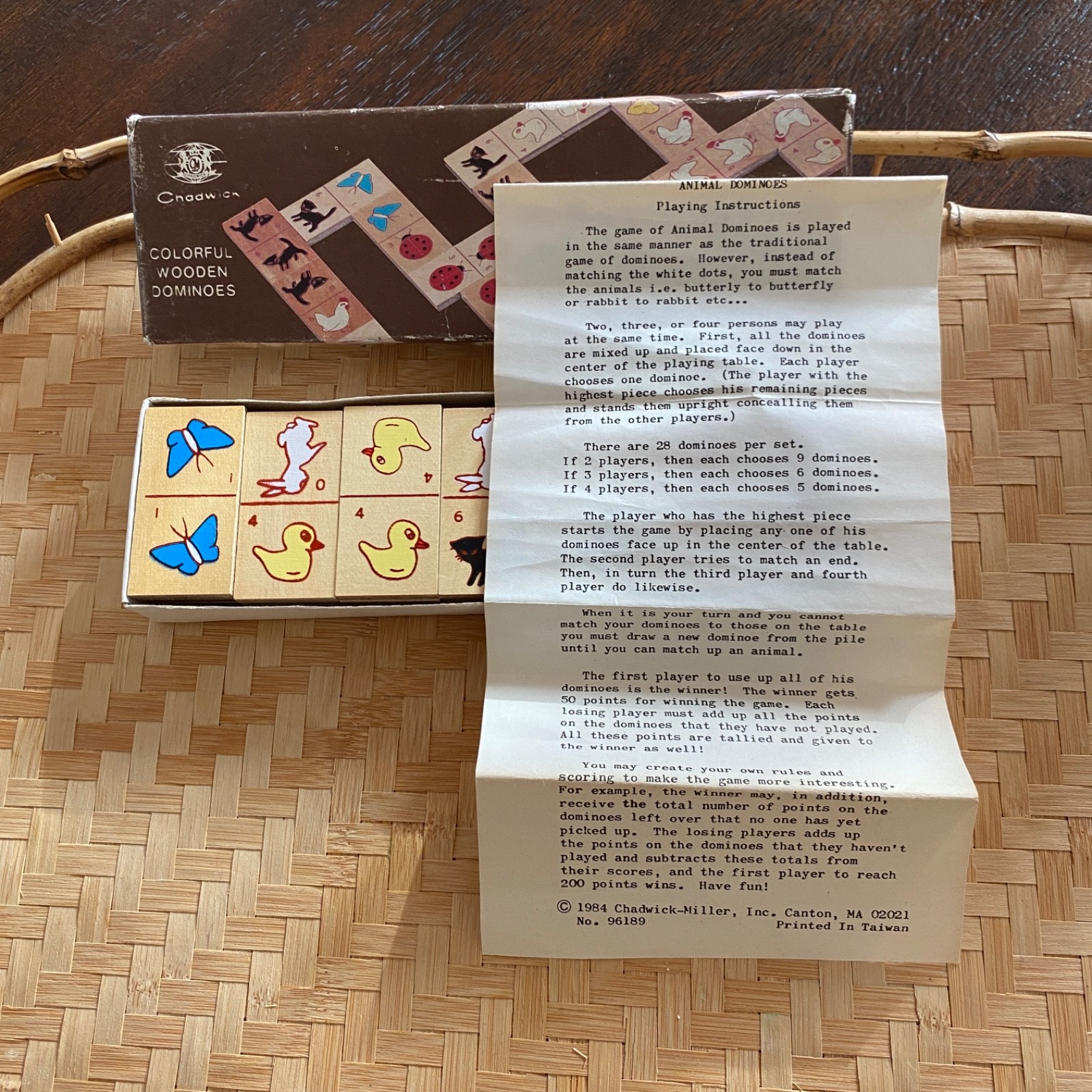 Vintage 1984 Colorful Wooden Animal Dominoes 28 pc Set w/ Box and Instructions