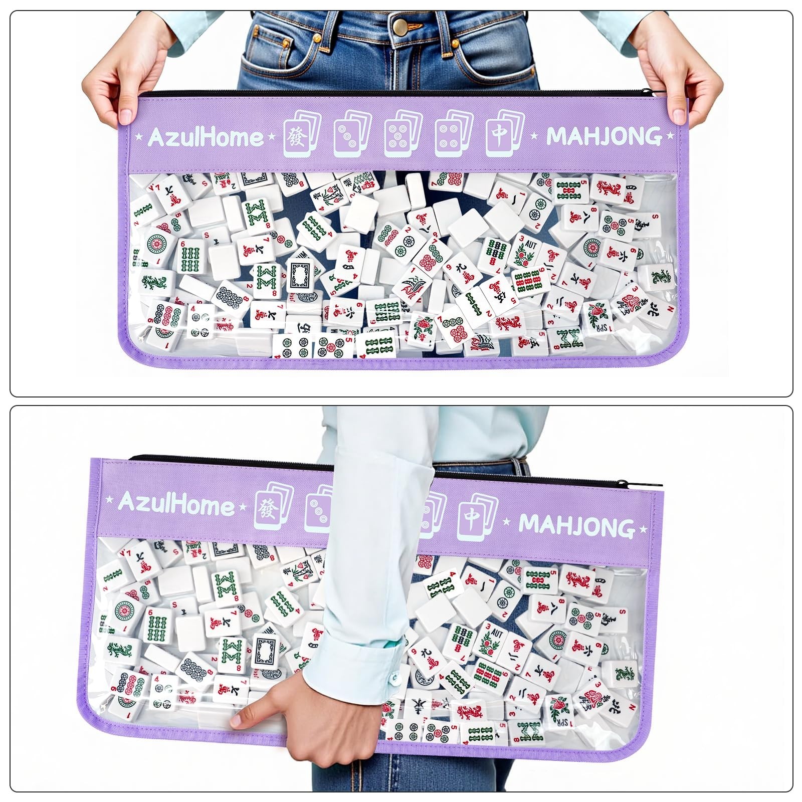 AzulHome PVC Mahjong Tiles Bag with 2 Mahjong Line Finders, Light Purple, 21″x9″