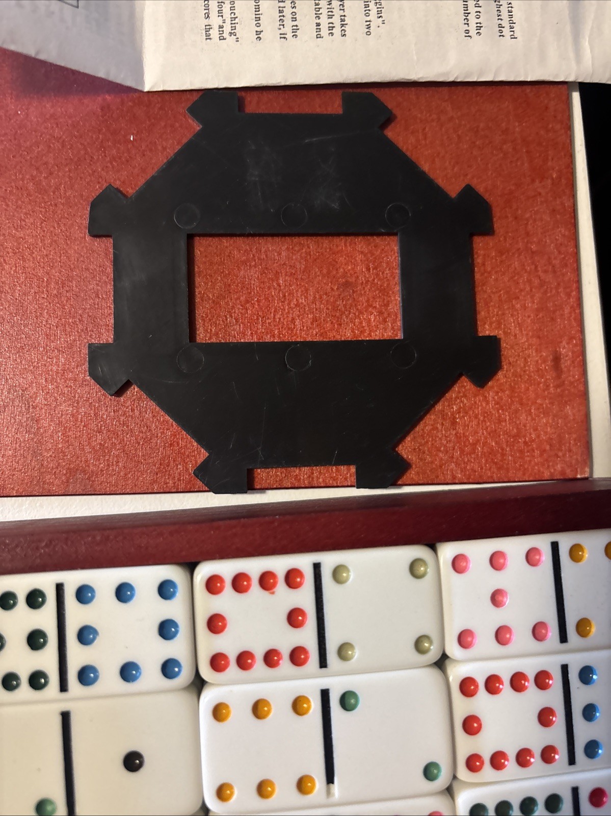Vintage Dominoes Set of 91 Double Twelve Set In Color, Wooden Case & Central Hub
