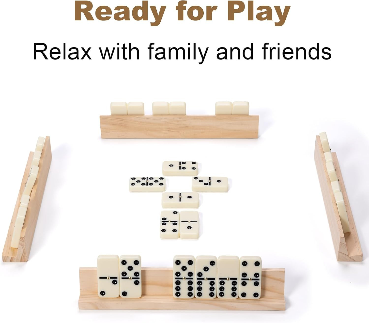Double 6 Dominos Set for Adults with 4 Wooden Racks, 28 Tiles Classic Dominoes