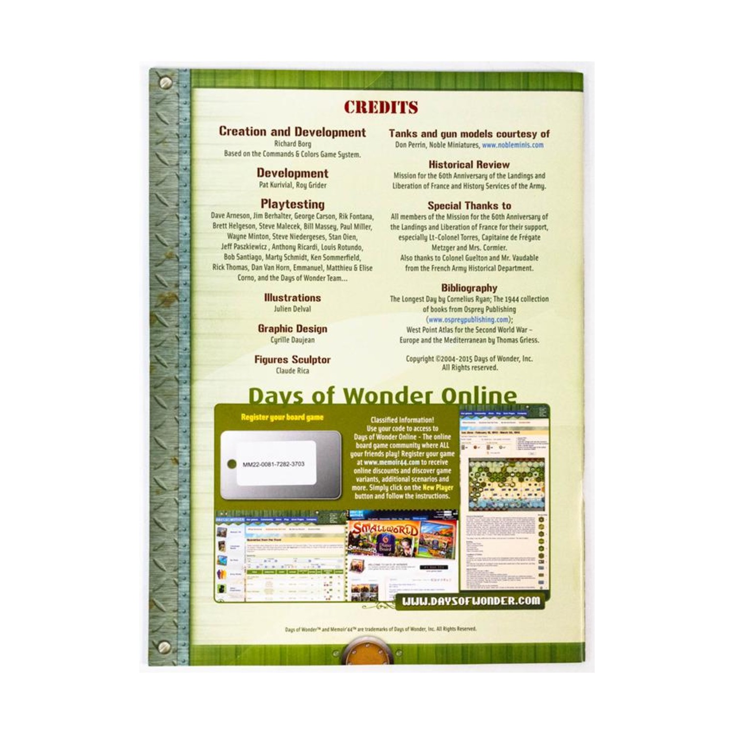Days of Wonder Memoir ’44 Memoir ’44 (2nd) – Rules Only! NM