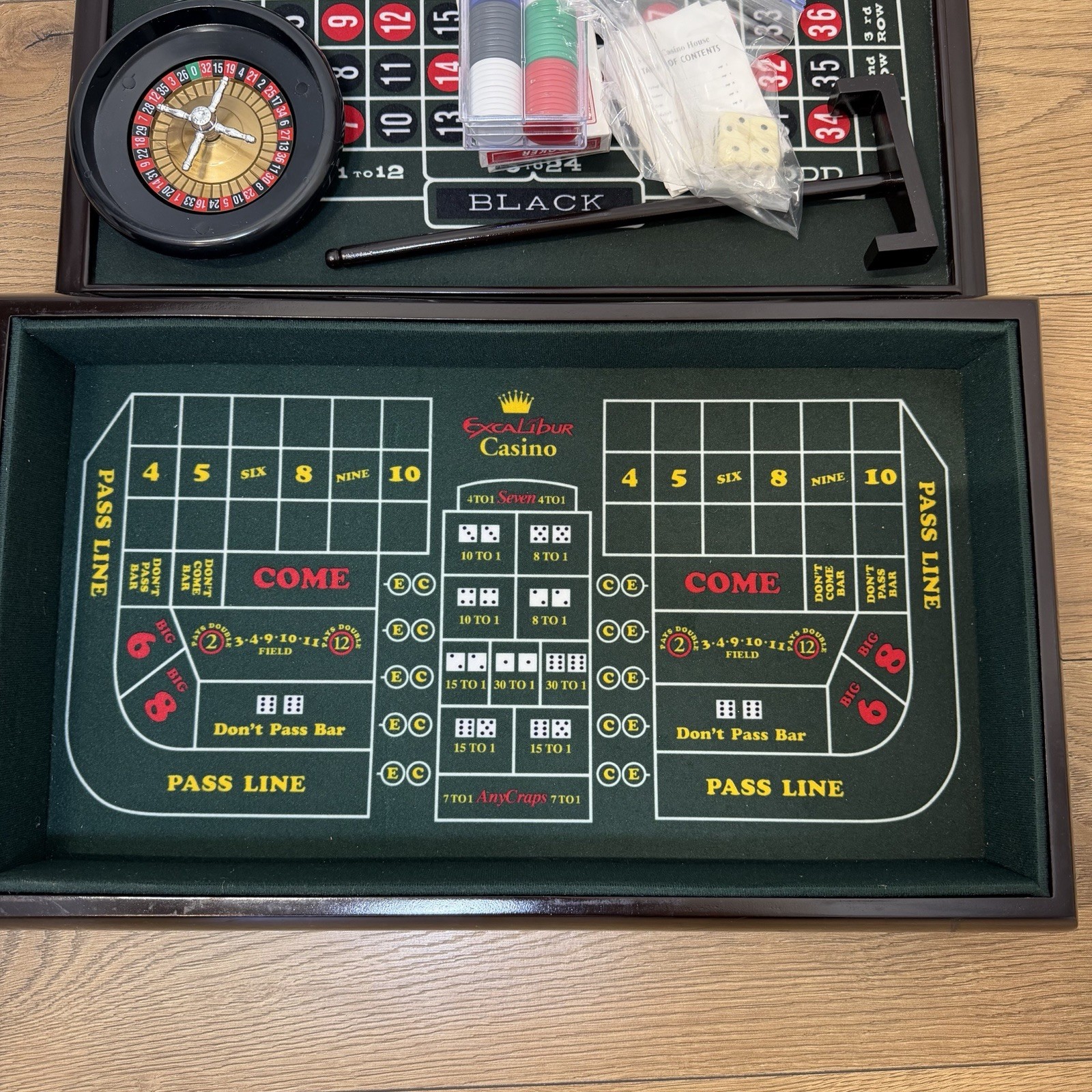 Vintage Excalibur Casino 3 In 1 Wood Game Set Blackjack Roulette Craps Complete