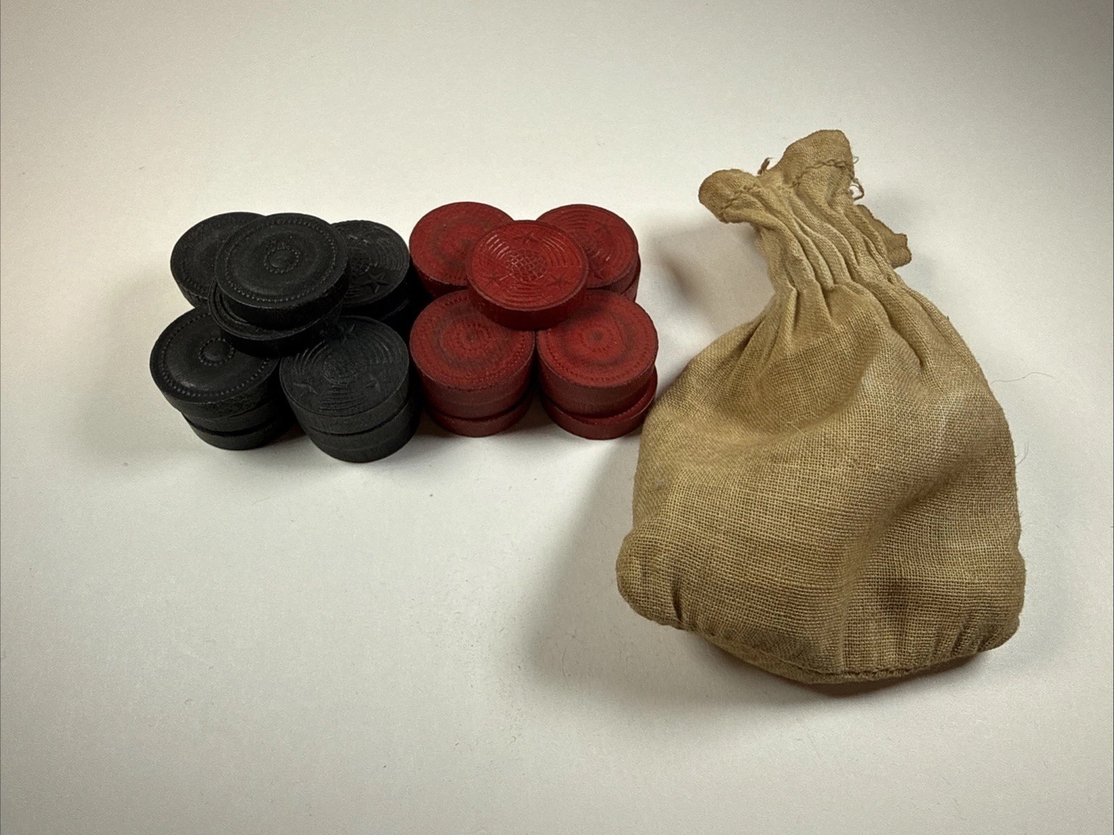 Vintage Wooden Embossed Checkers ~ 14 Black 13 Red ~ Replacement, Decor, Crafts