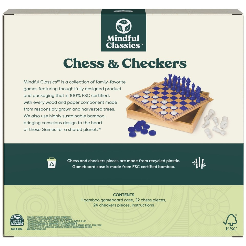 Chess Checkers Board Game Set w/ Bamboo Wooden Box Eco-Friendly Gift Adults/Kids