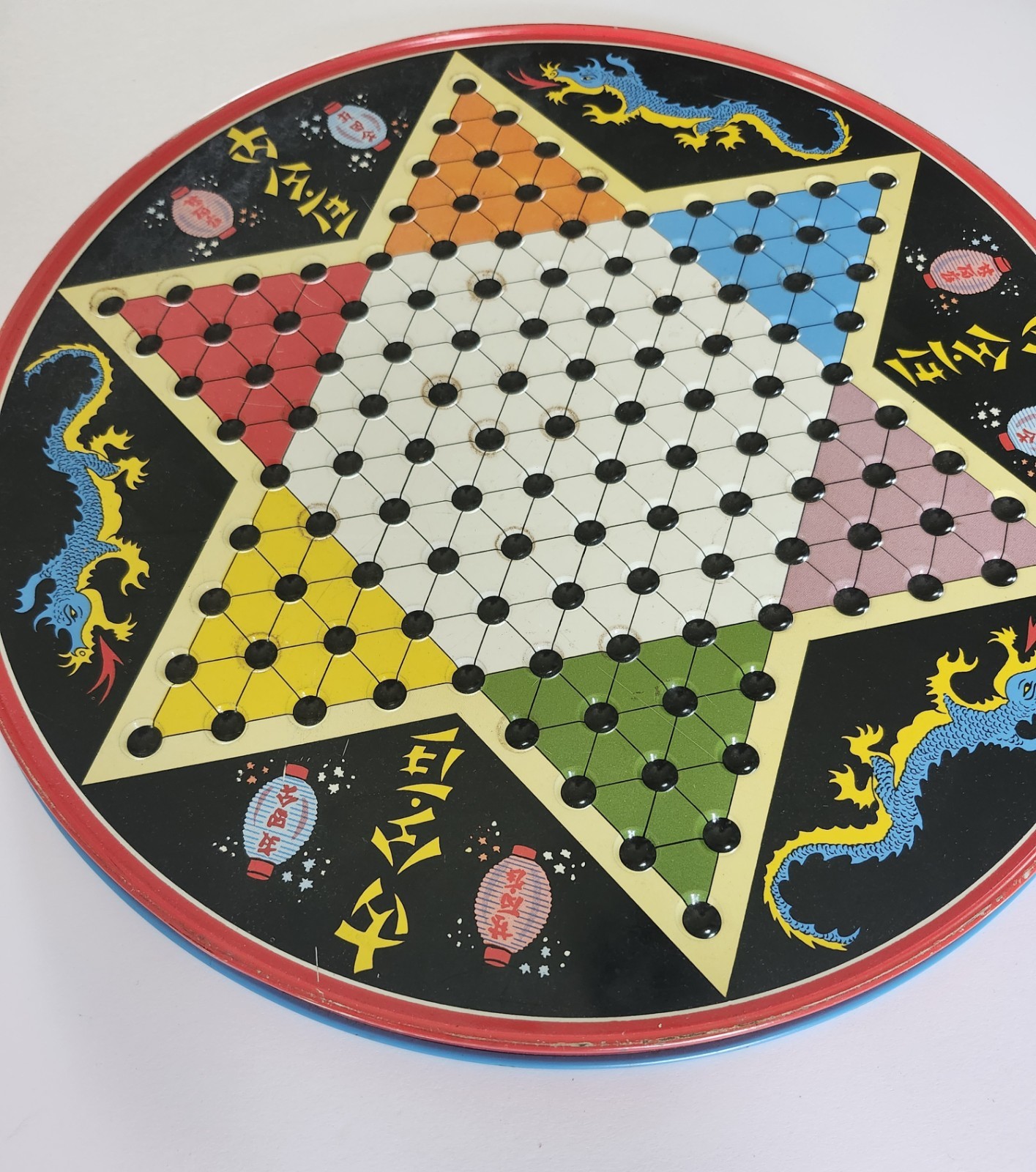 OHIO ART VINTAGE CHINESE CHECKERS LITHO TIN METAL DRAGON GAME – 34 MARBLES