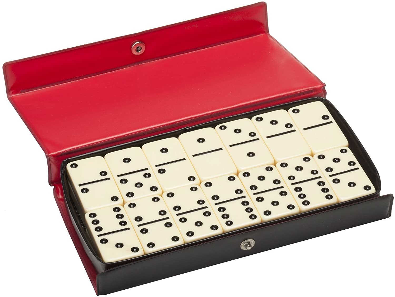 WE Games DOUBLE 6 Dominoes Ivory color tiles with black dots in black vinyl case