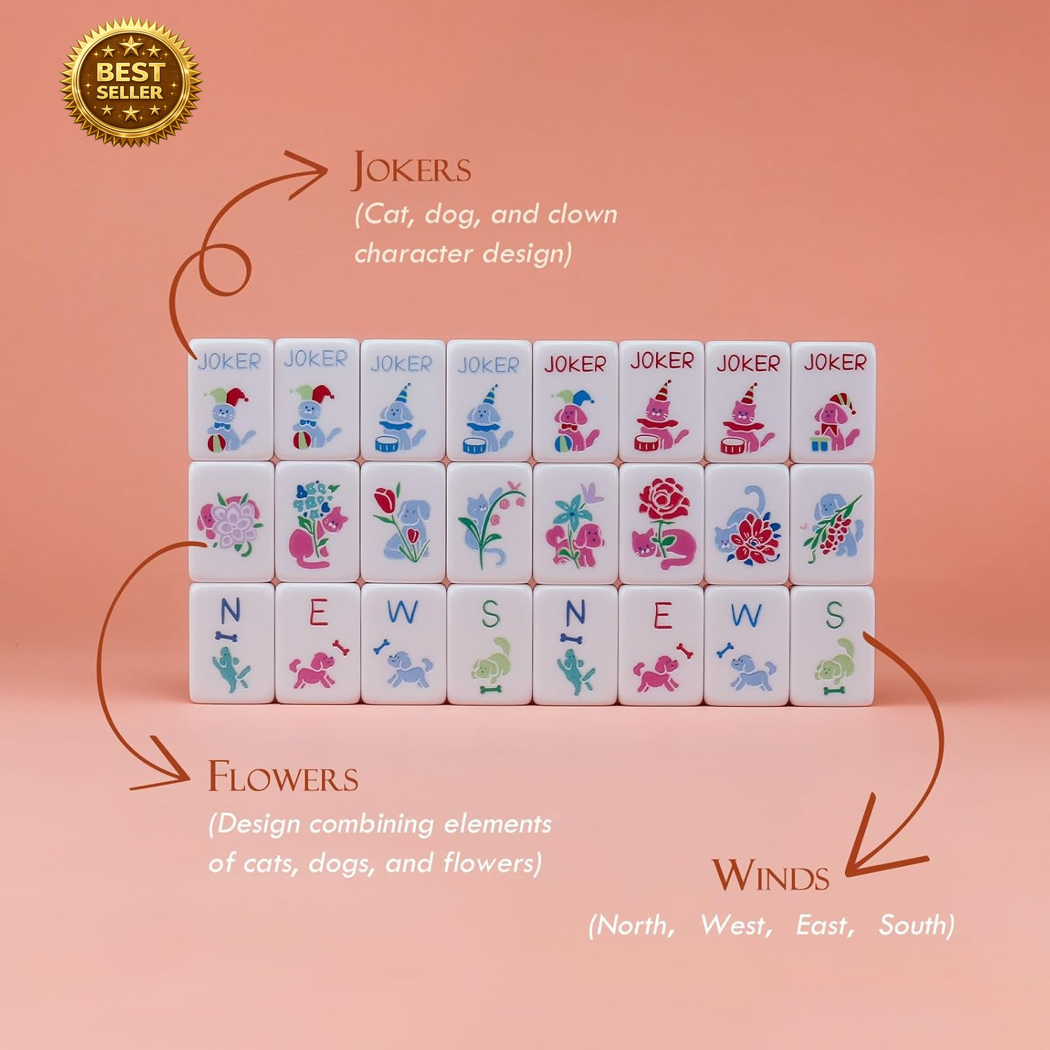 Dogs and Cats Themed Mahjong Tile Set – 160 Acrylic Engraved Tiles & American Ma