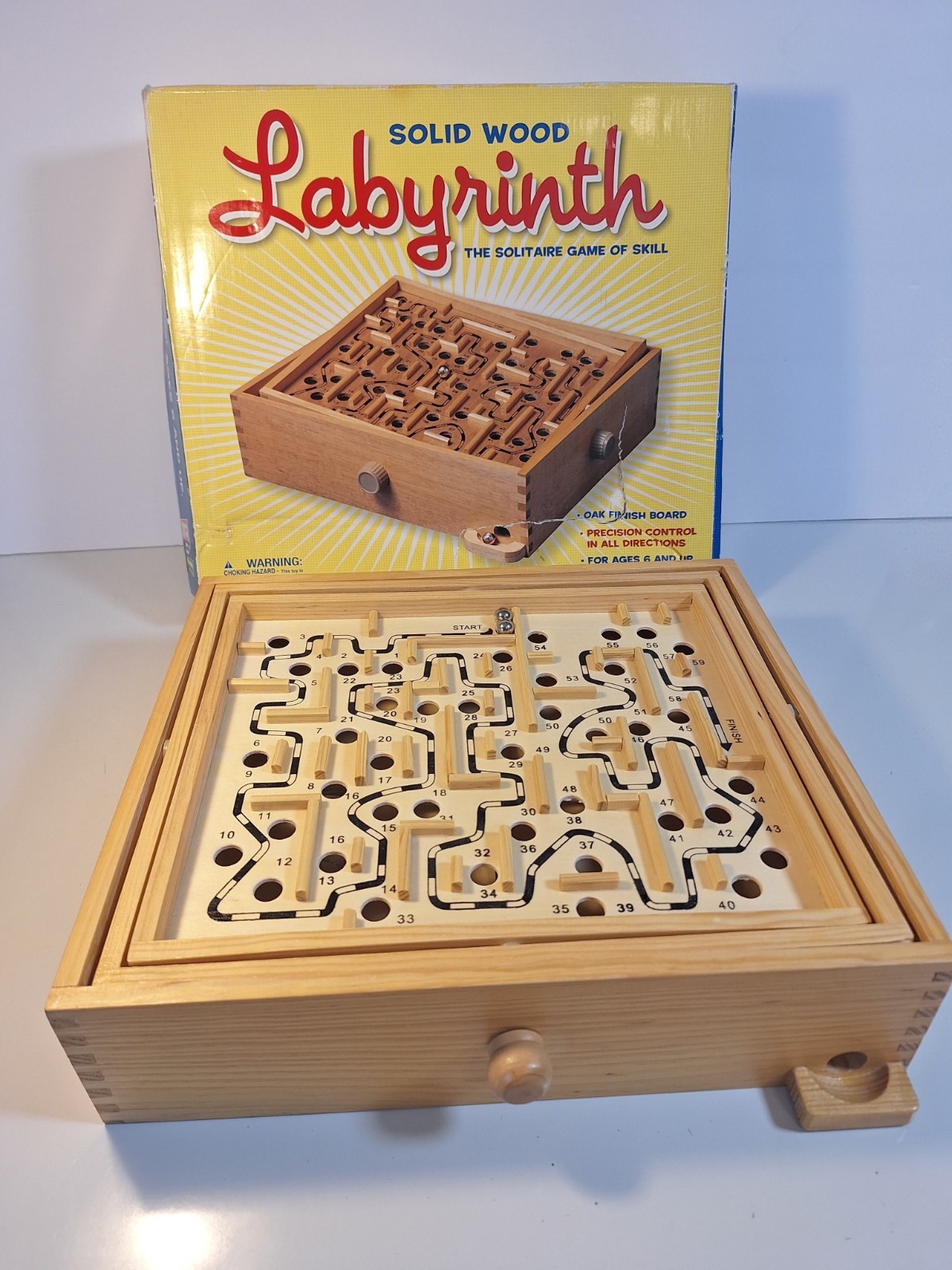 Labyrinth Game Real Wood Oak Finish 2 Steel Marbles Great Cond Damaged Box