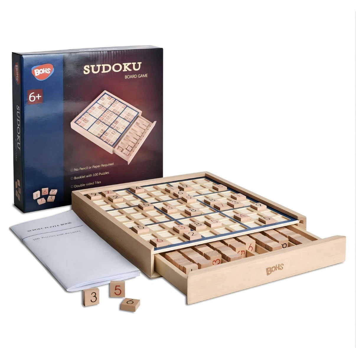 Wooden Sudoku Board Game with Drawer – 100 Puzzles Sudoku Book for Adults & Kids