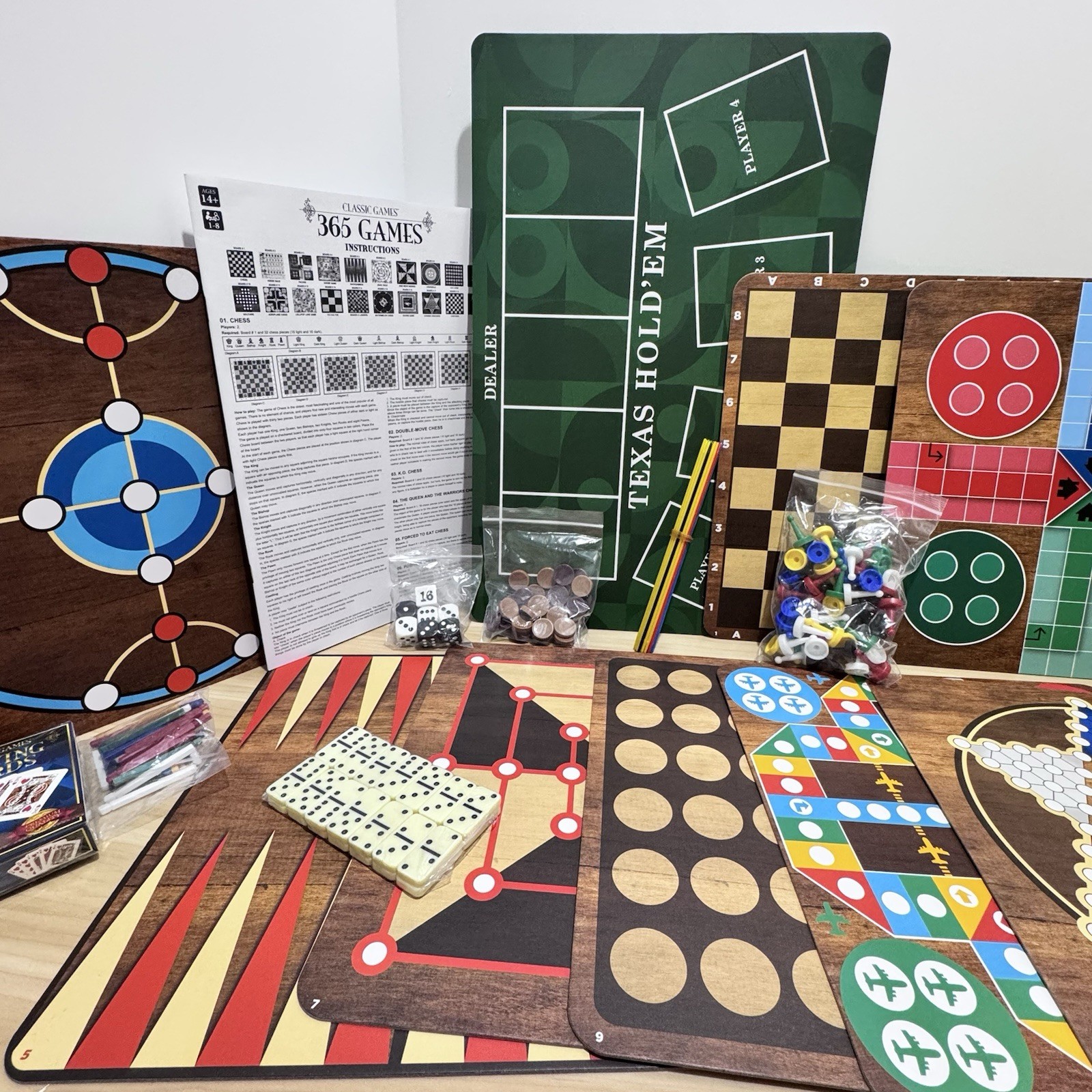 Classic Games 365 Game Set Board Games, Cards Dice, Double Sided Boards Open Box