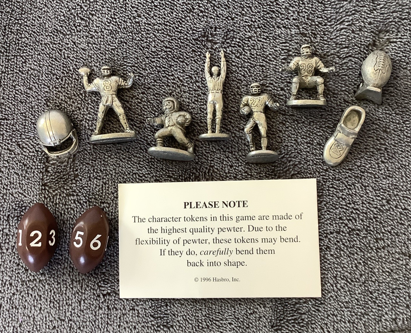Vintage NFL Monopoly Lot of 8 Pewter Game Pieces 2 Football Shaped Dice Hasbro