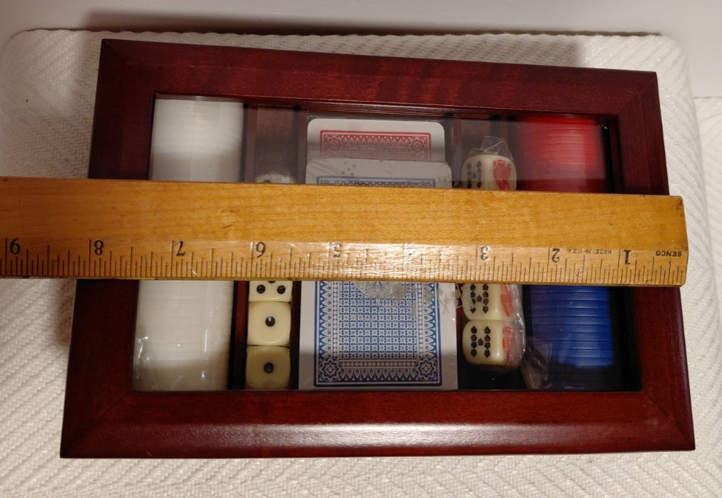 Poker set in wooden & glass box -sealed 2 sets dice/2 decks cards/2 chips-VTG
