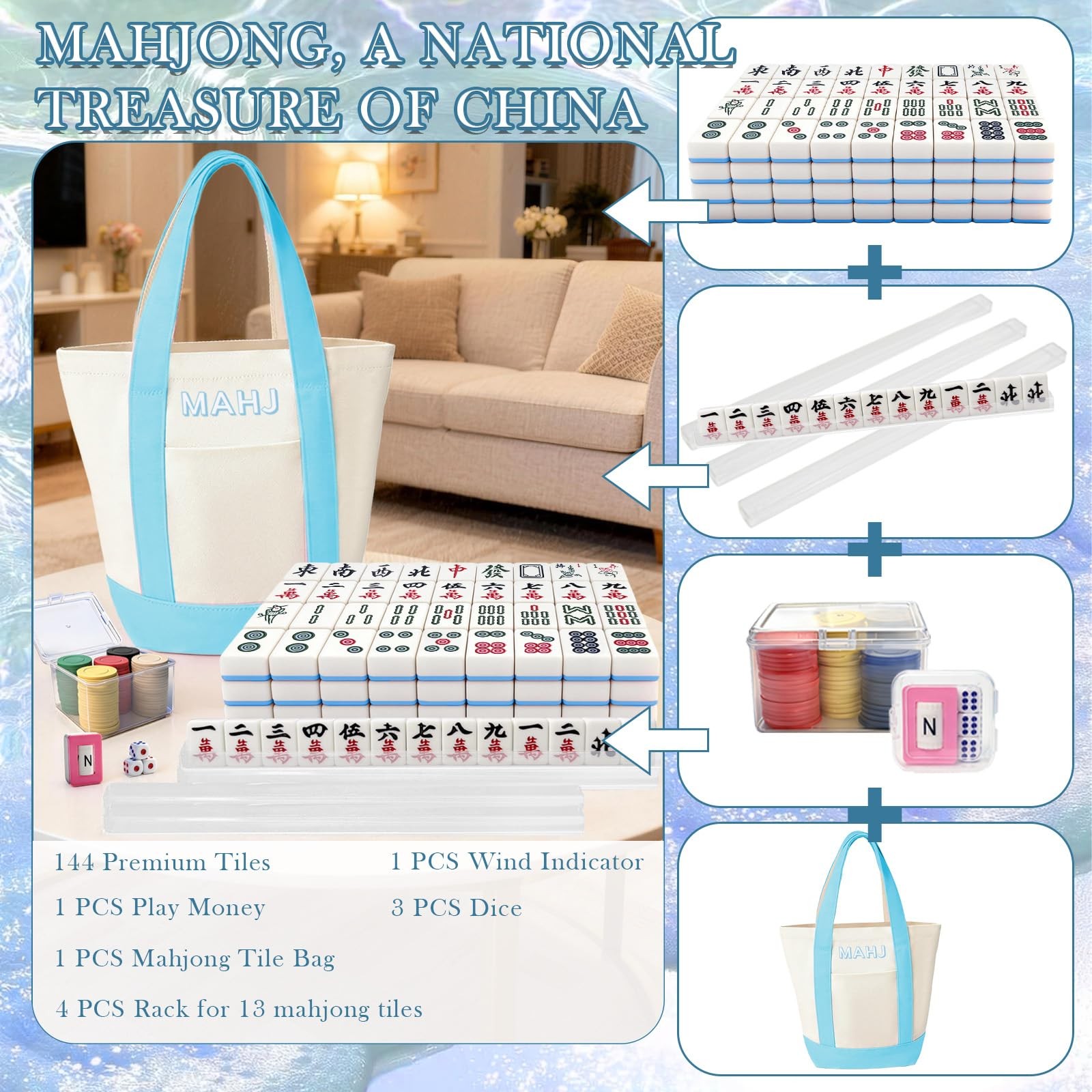 Chinese Mahjong Tiles Set,30mm 144 Mahjong Game with Portable Storage Bags, 4…