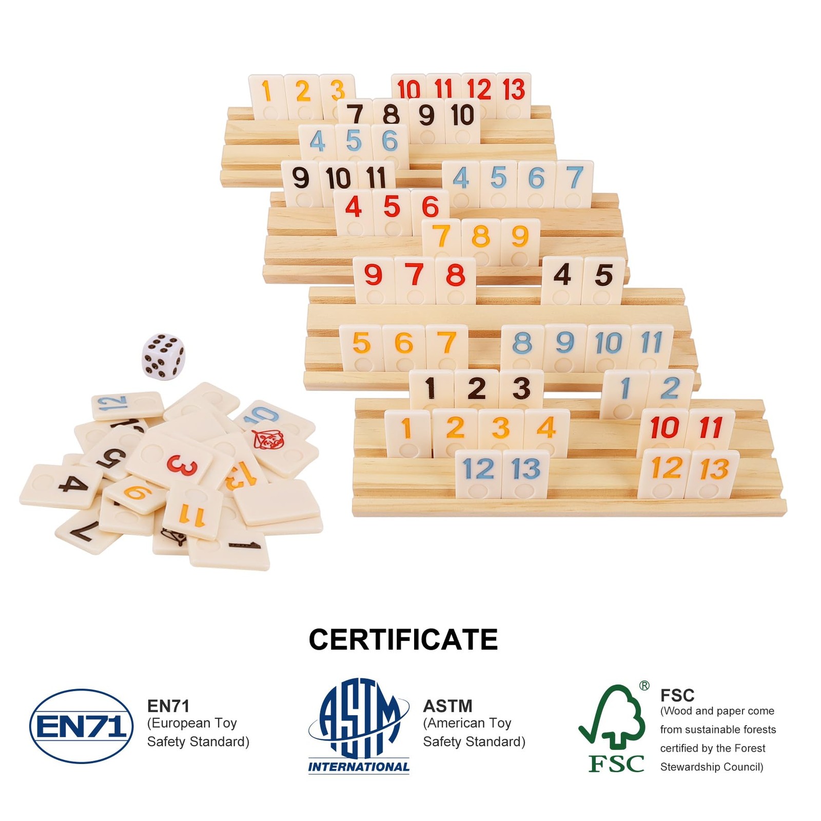 Upgraded Rummy Cube Game with 106 Large Number Rummy Tiles Set, 4 Wooden Racks &