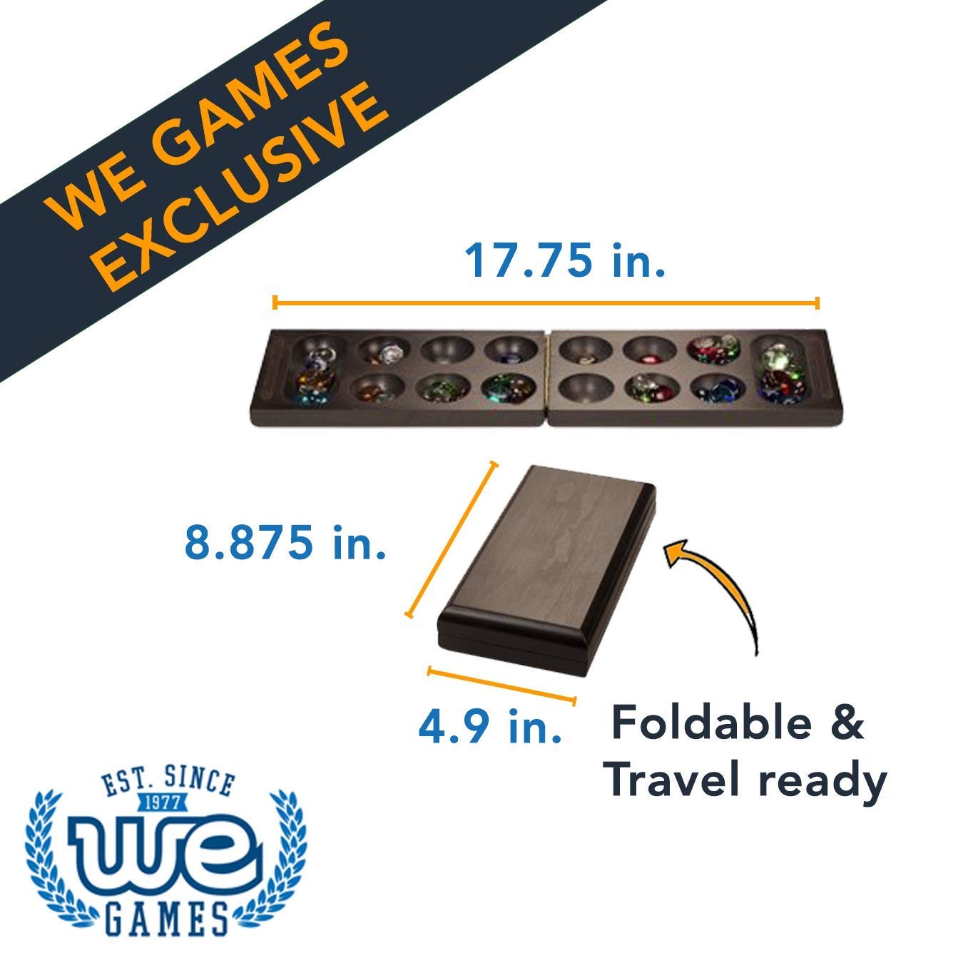 WE Games Folding Mancala – Solid Wood Board & Glass Stones