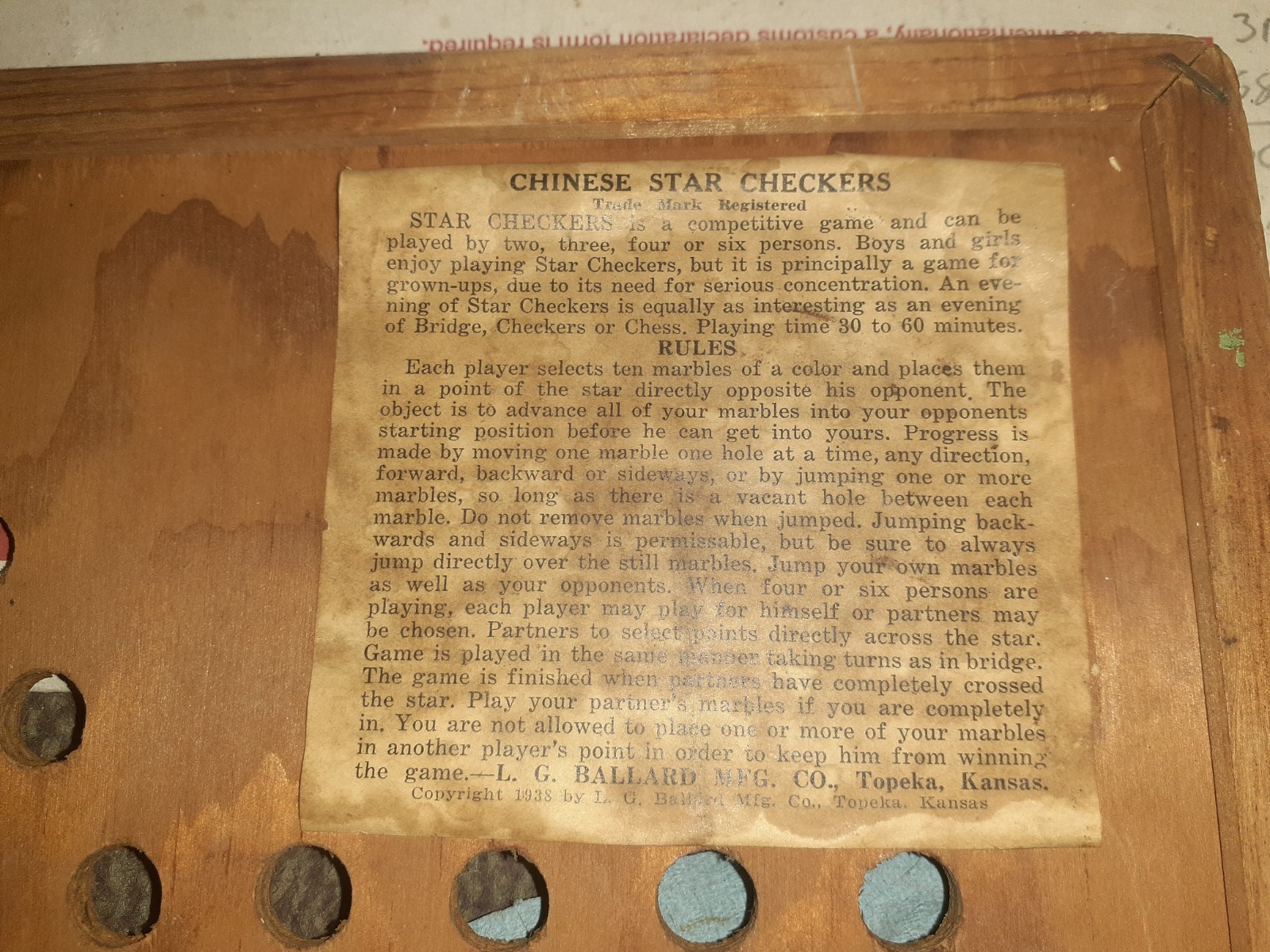 Vintage 1938 Star Checkers Chinese Checkers Board L.G. Ballard Topeka KS
