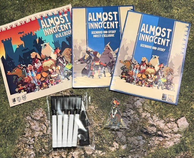 Almost Innocent Board Game by Kolossal Games Kickstarter – open box, excellent