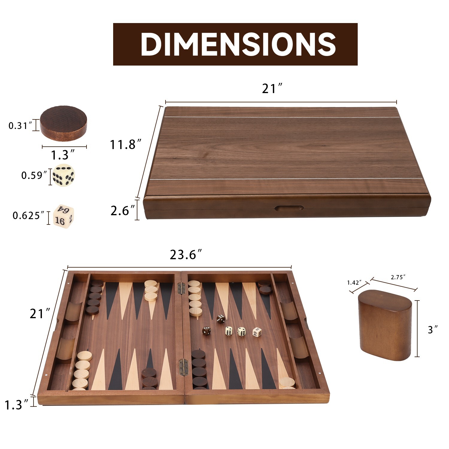 21″ Large Wood Backgammon Board Game Set.Inlay Double Stripe Board w/Game Pieces
