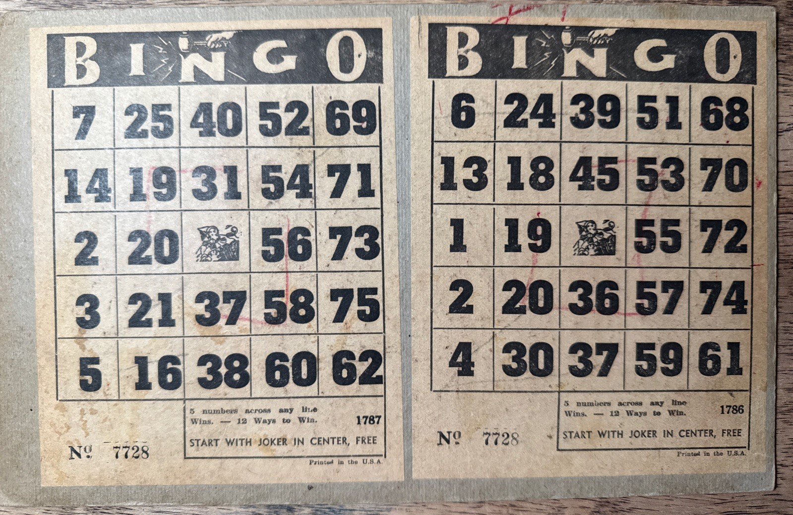 1930s Lg heavy Double BINGO Card Vtg Joker Center USA 12 Ways to Win
