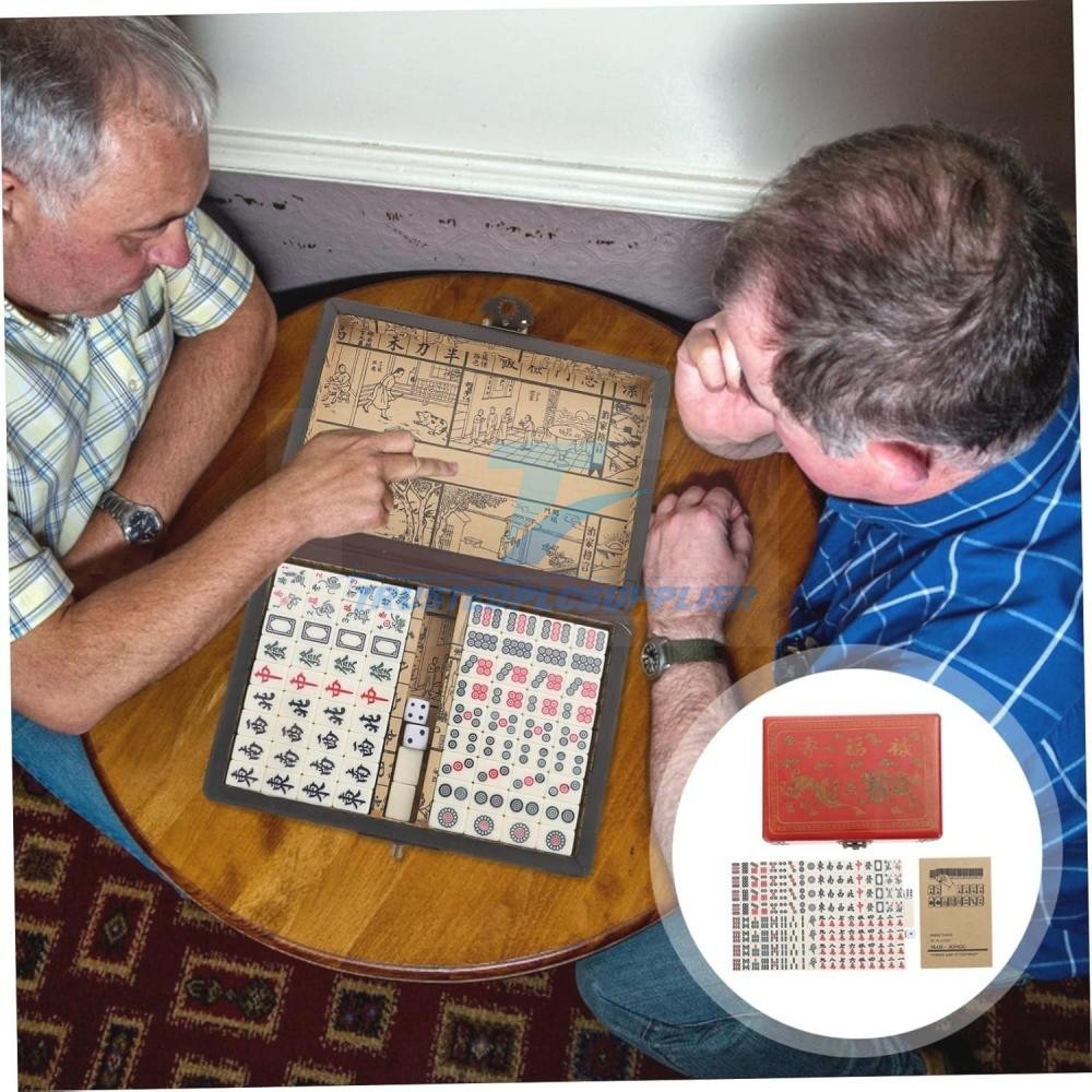 Vintage Chinese Mahjong Set Traditional 144 Tiles Mah-Jong Game Set w/ Case Box