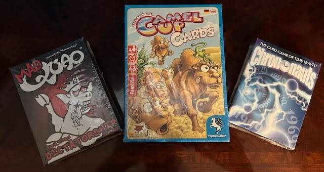 3 New, Shrink-wrapped games: Camel Up, Mad Quao and Chrononauts