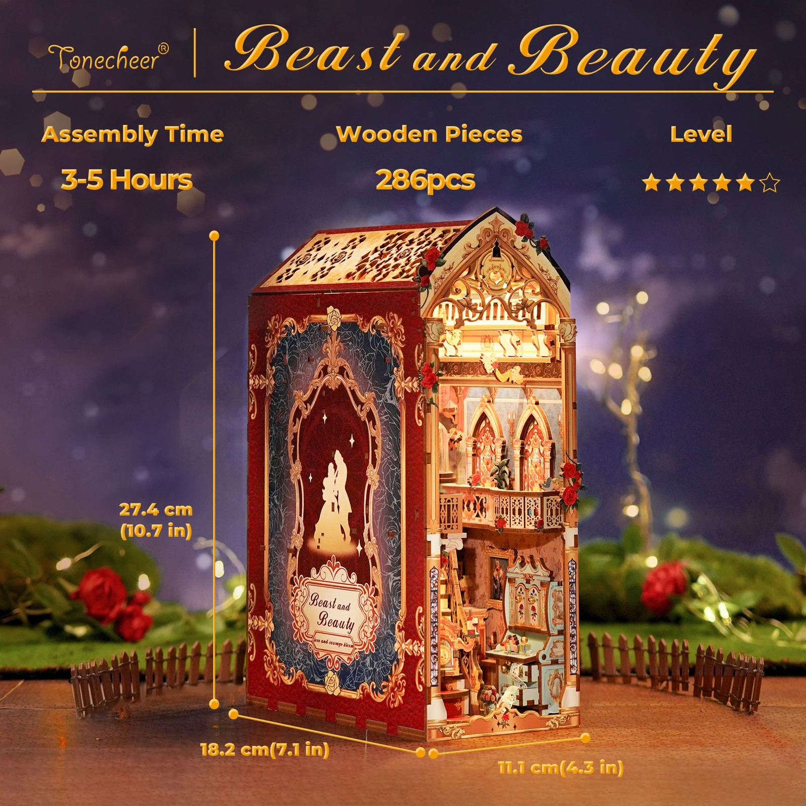 Book Nook Kit 3D Wooden Puzzle Music LED Lights Dust Cover Tonecheer Adults Tale