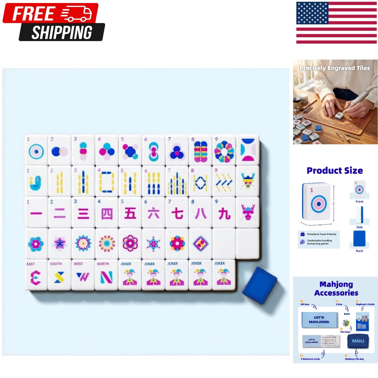 Light Blue American Mahjong Tile Set(1.2″), 160 Engraved Tiles with Mahjong Tile