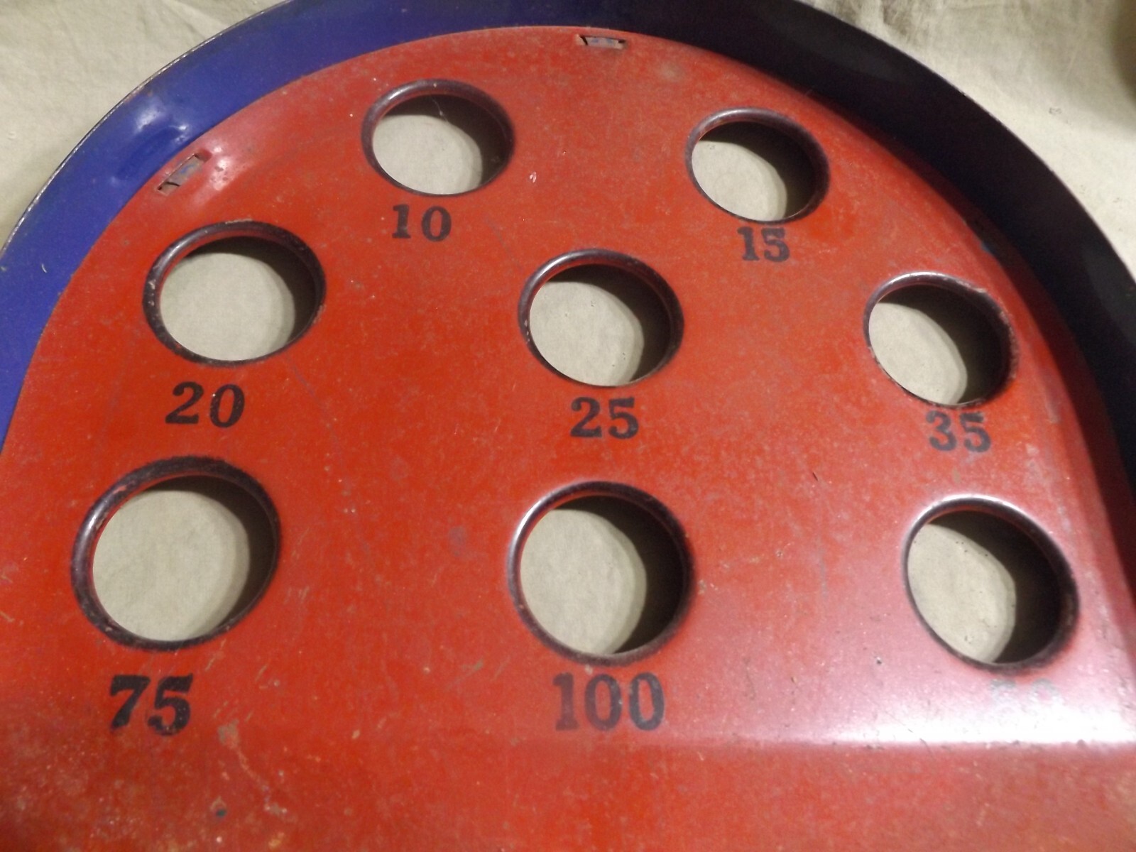 Vintage Painted Red Metal ROLLERBALL 8 hole Floor Game ~12×12″