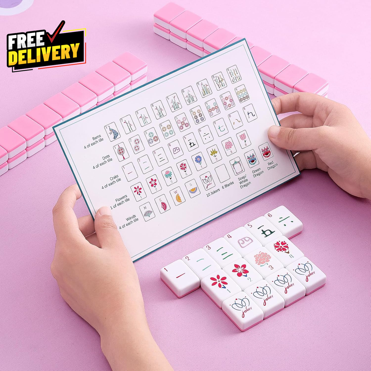 160 Pink Engraved American Mahjong Tiles Set with Carrying Bag and Accessories..