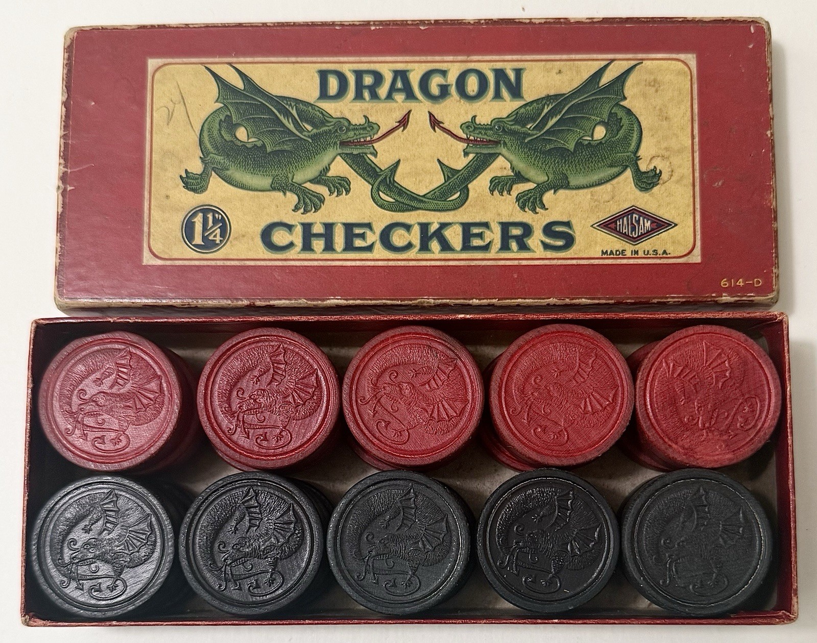 Vintage 1950s HALSAM Wooden Embossed DRAGON Checkers Set No. 614-D Original Box